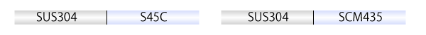 For the parts where magnetism, Non magnetism, and hardness are required. For the parts which corrosion resistance and mechanical properties required. ' SUS304 and S45C ', ' SUS304 and SCM435 '